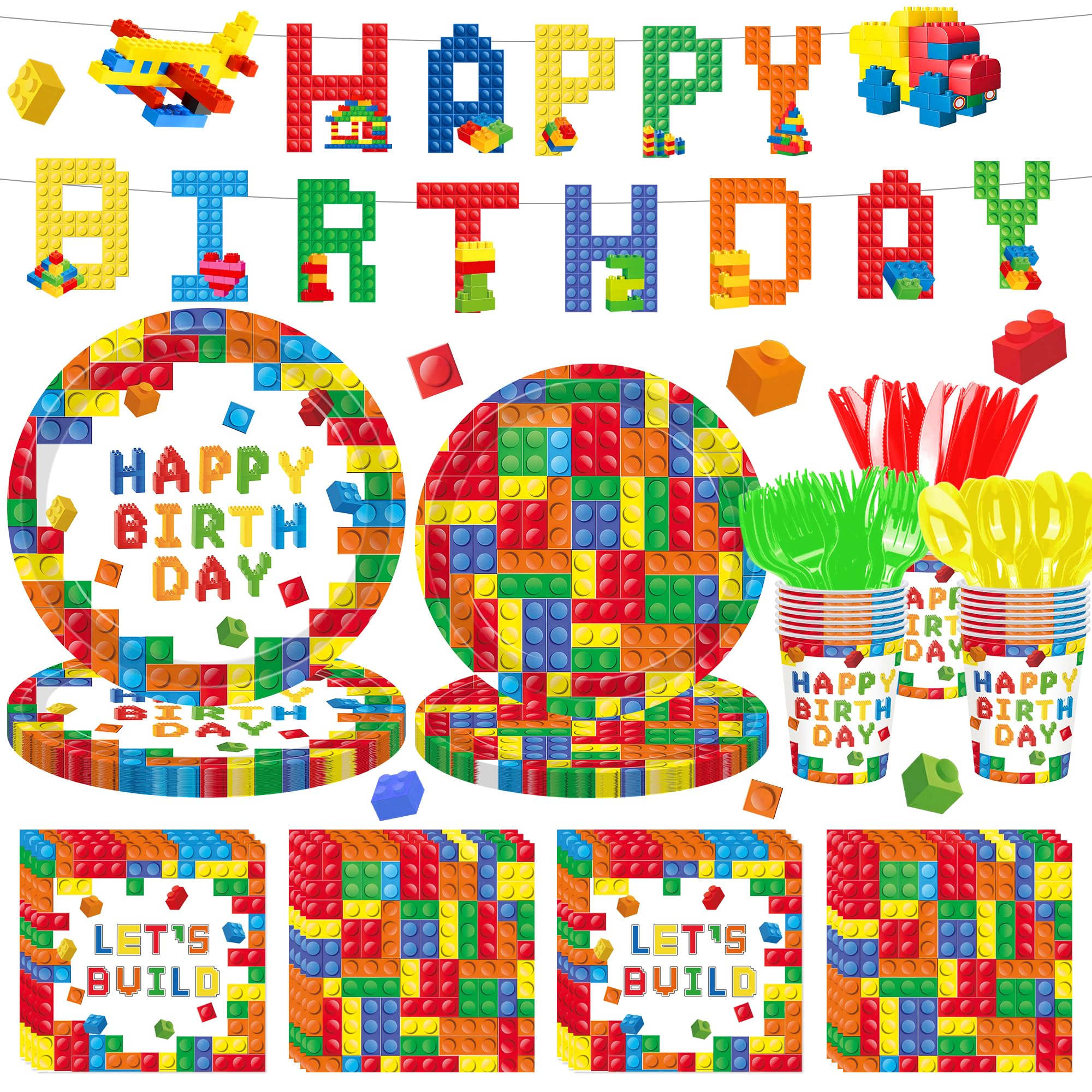 Photo 1 of 141Pcs Building Block Party Supplies Paper Plates Napkins Cups Banner for Colorful Building Block Birthday Party Decorations for Boys, Kid’s Birthday Party Decorations Serve 20