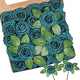 YEEFLORA Artificial Flowers, 25pcs Artificial Rose for DIY Wedding Bouquets Centerpieces Arrangements, Dark Teal Fake Rose with Stems for Birthday Bridal Shower Graduation Events Decoration