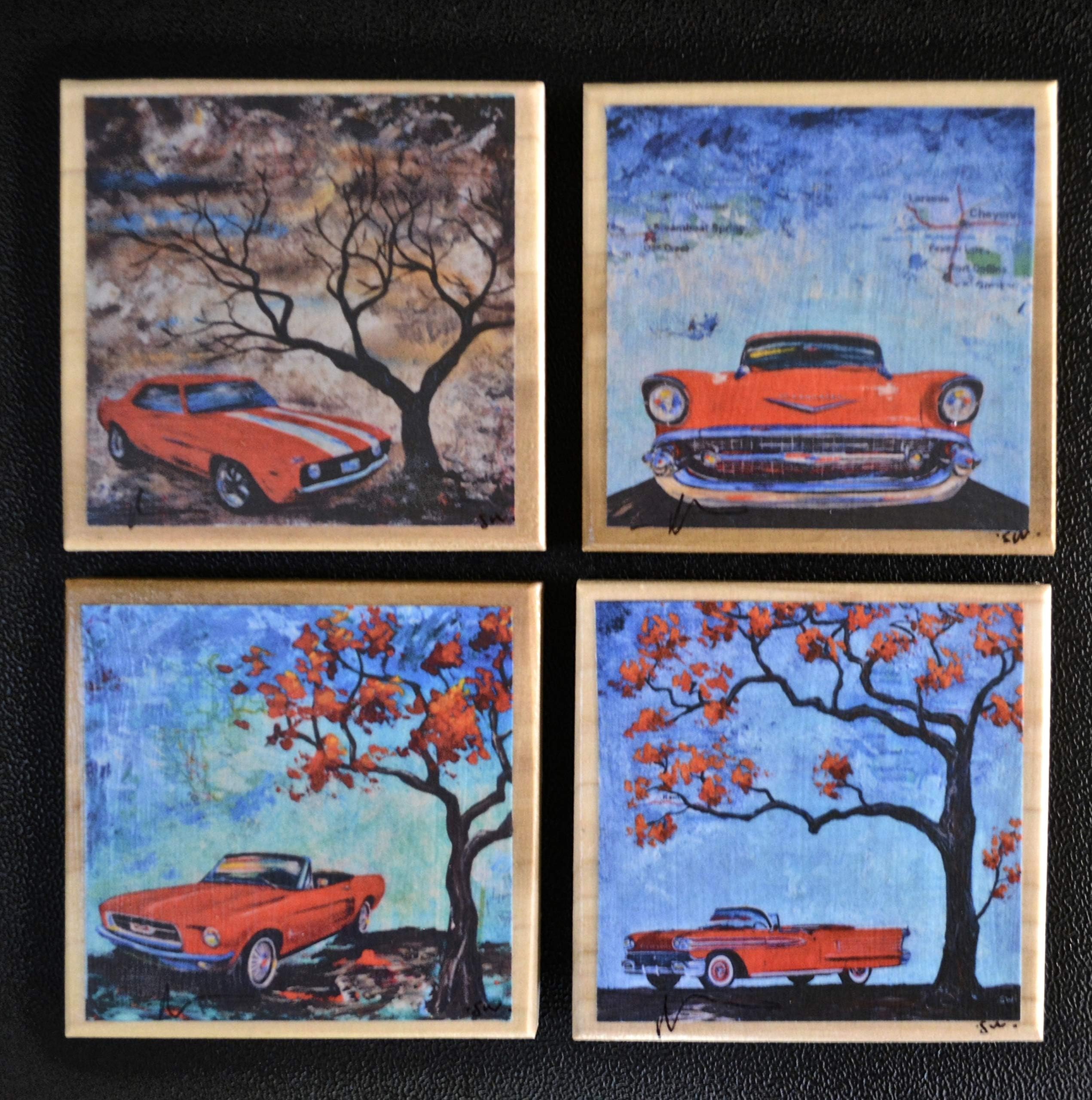 Fine Art Coasters, set of 4, Classic Muscle/Sports Cars, drink coaster, 1960's Mustang, 1969 Camaro, bel air, 1958, wood, fathers day, gift, man, men, present