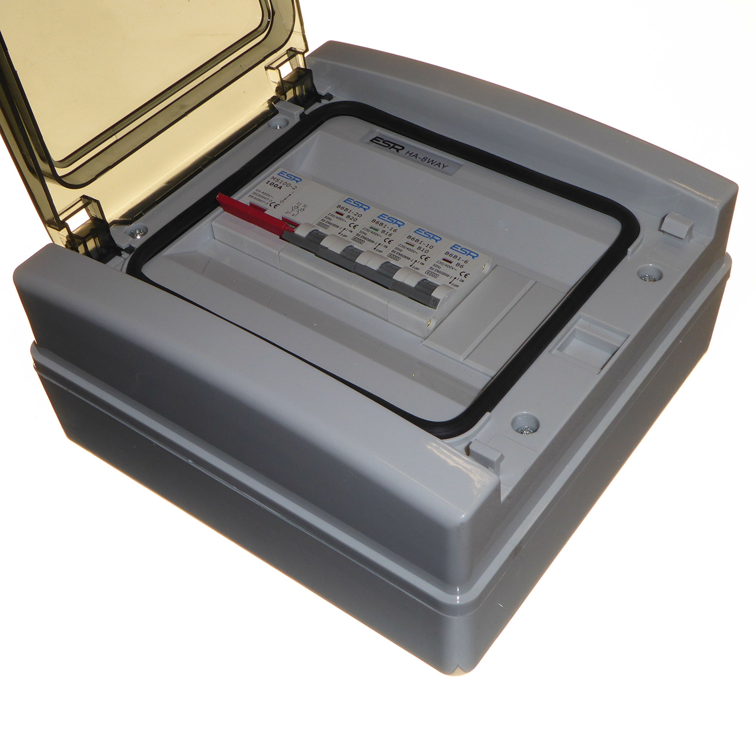 IP65 Consumer Unit with 100 Amp Isolator Switch and 4 x Circuit Breakers 6A 10A 16A 20A Electrical Supply Outdoor IP65 Weatherproof