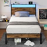 Liians Twin Bed Frame with Storage Headboard USB Charging Station, Smart LED Lights, Metal Platform Bed Easy Assembly, No Box Spring Needed