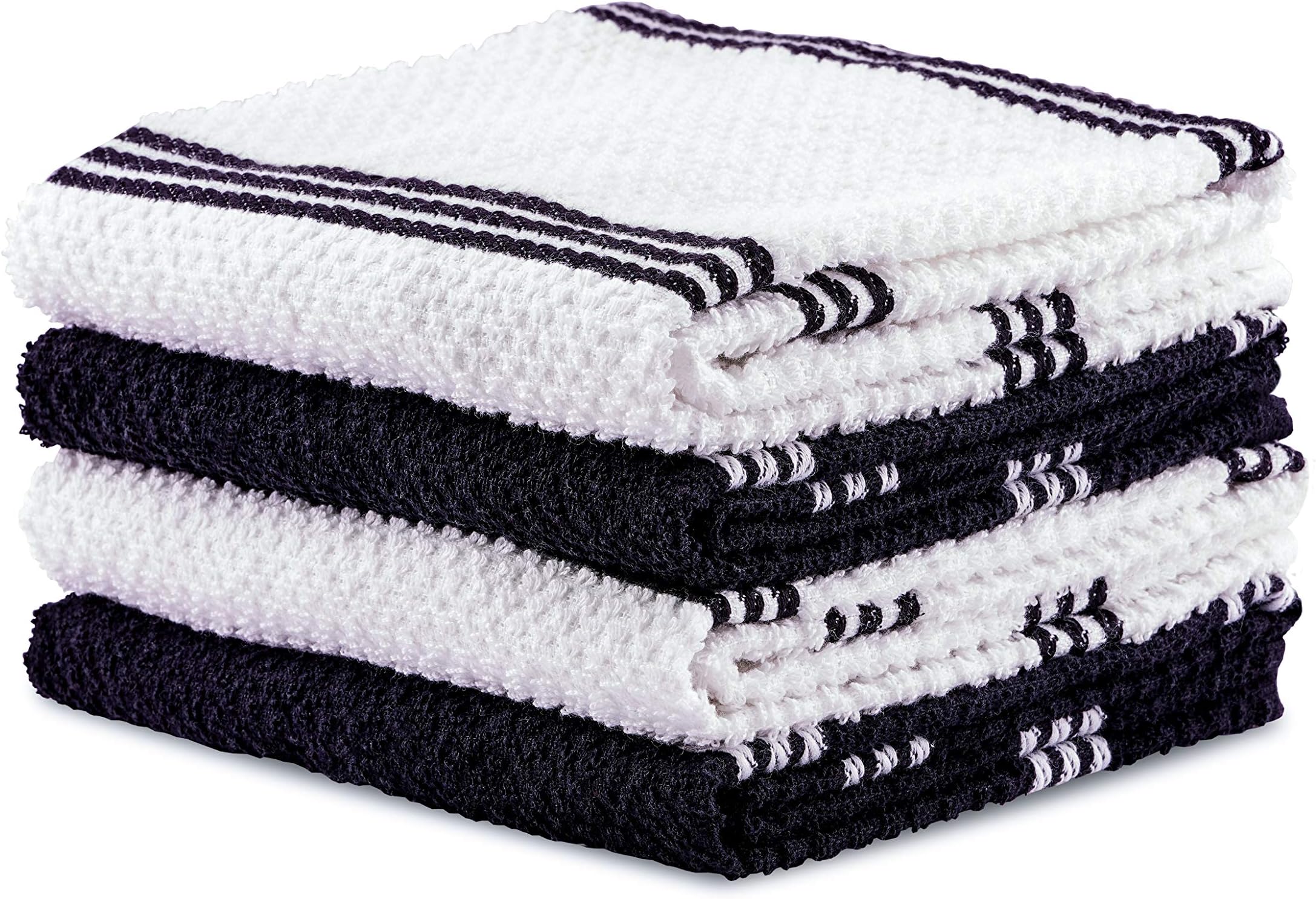 DAILY HOME ESSENTIALS - 4 Pack Cotton Terry Kitchen Dish Towel Set (16x26 Inches - Black, Ribbed Design) |Super Soft and Highly Absorbent|Perfect for Everyday Household & Commercial Use
