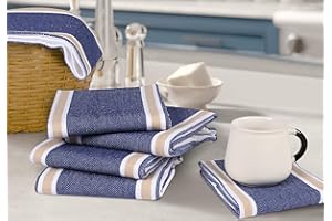 Bedding Craft- Set of 6 Blue/Beige Waffle Stripe Kitchen Towel – Absorbent Cotton Dishcloths for Drying Dishes, Farmhouse Kit