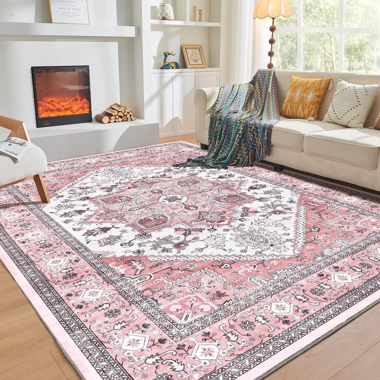 OPPODREAM Soft Area Rugs 4x6, Low-Pile Washable Rugs 4x6 with Non Slip Backing, Faux Cashmere 4 x 6 Throw Carpet, Pink & Cream Image