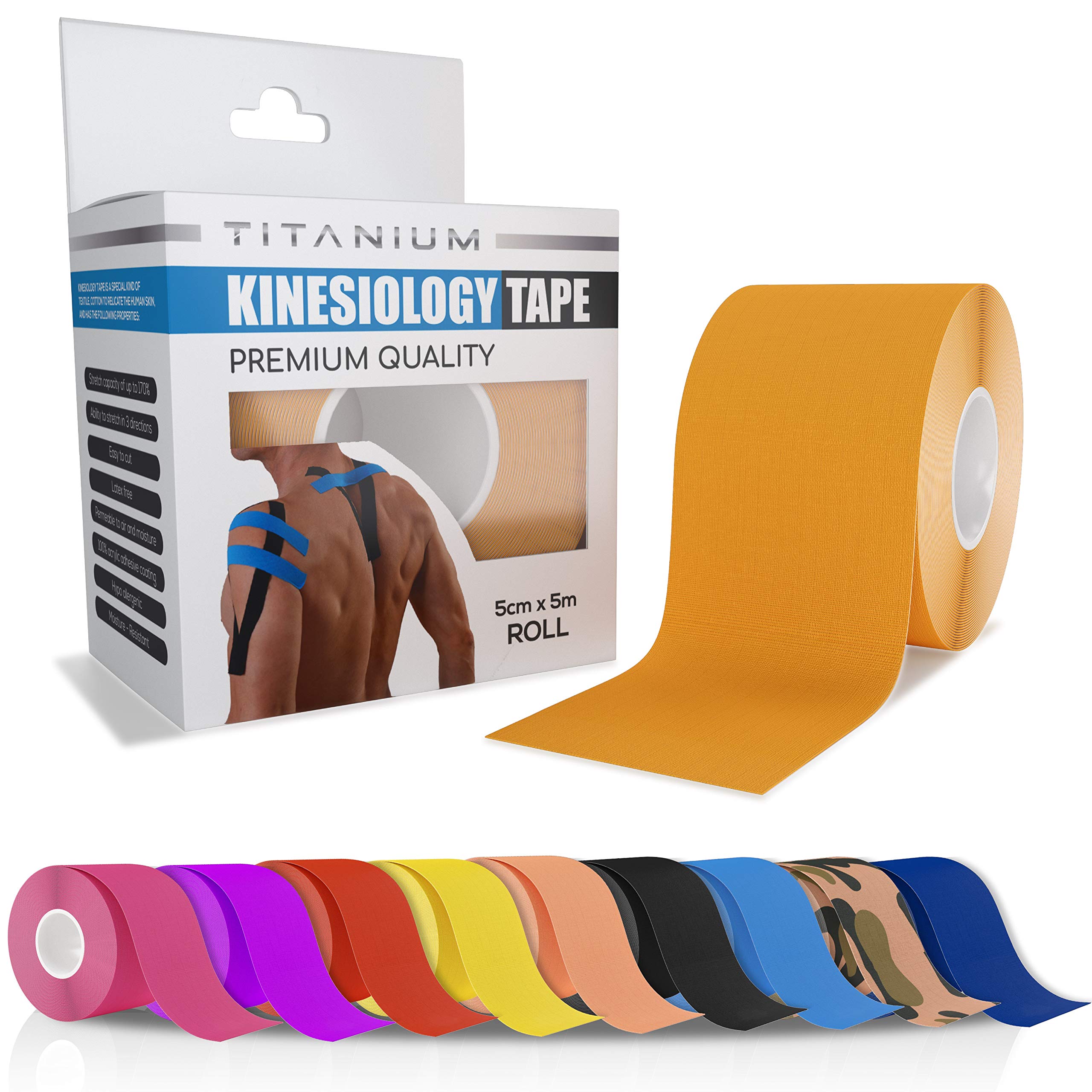 Titanium Sports Kinesiology Tape - 5m Roll of Elastic Water Resistant Tape for Support & Muscle Recovery - Quality Sports Tape