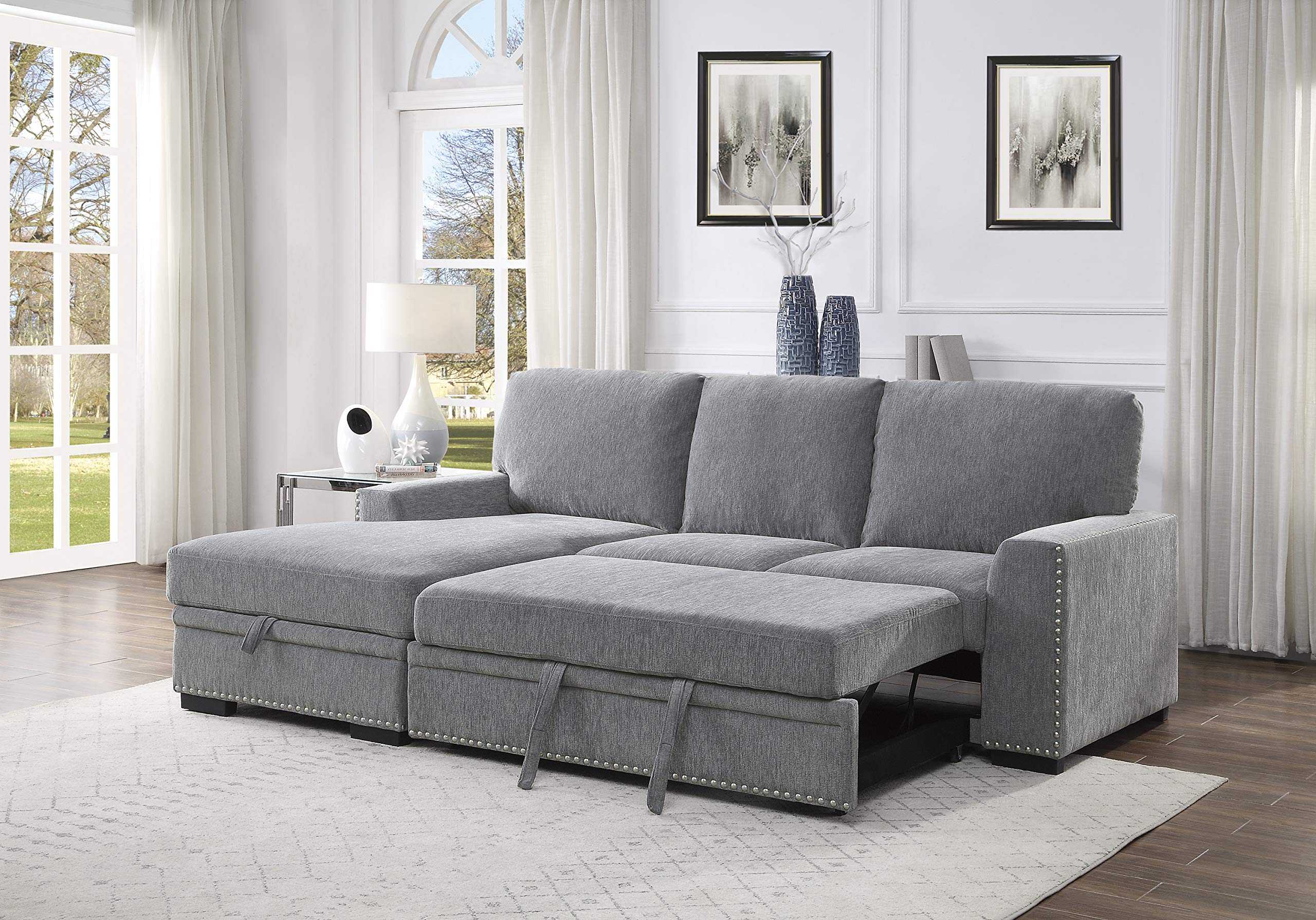 Photo 1 of ***BOX 1 OF 2 ONLY***Lexicon Mid Century Modern Sectional Sleeper Sofa Bed Couch with Storage Chaise, Sectional Sofa Pull Out Couch Bed, Sectional Couch Lounge Sofa for Living Room Apartment, Left Side Chaise, Gray