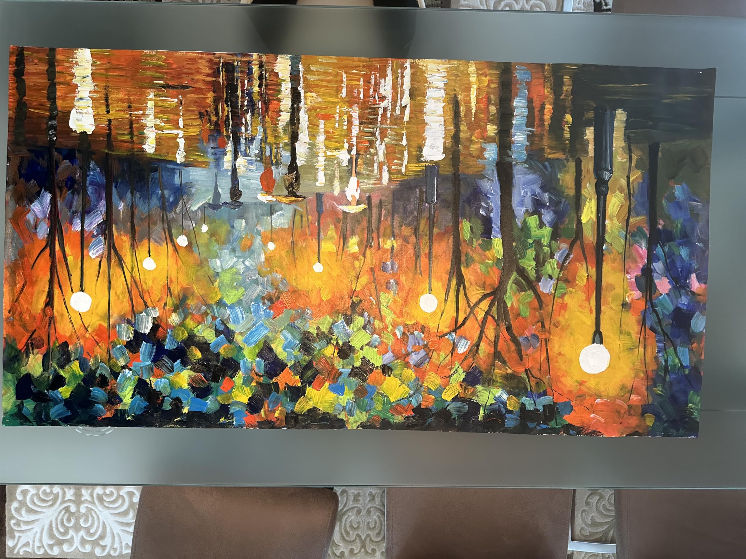 Generic Oil Painting on Canvas - Silent Reflections (Big City, 80 x 80 cm) - Canvas Art - Colorful Lanterns