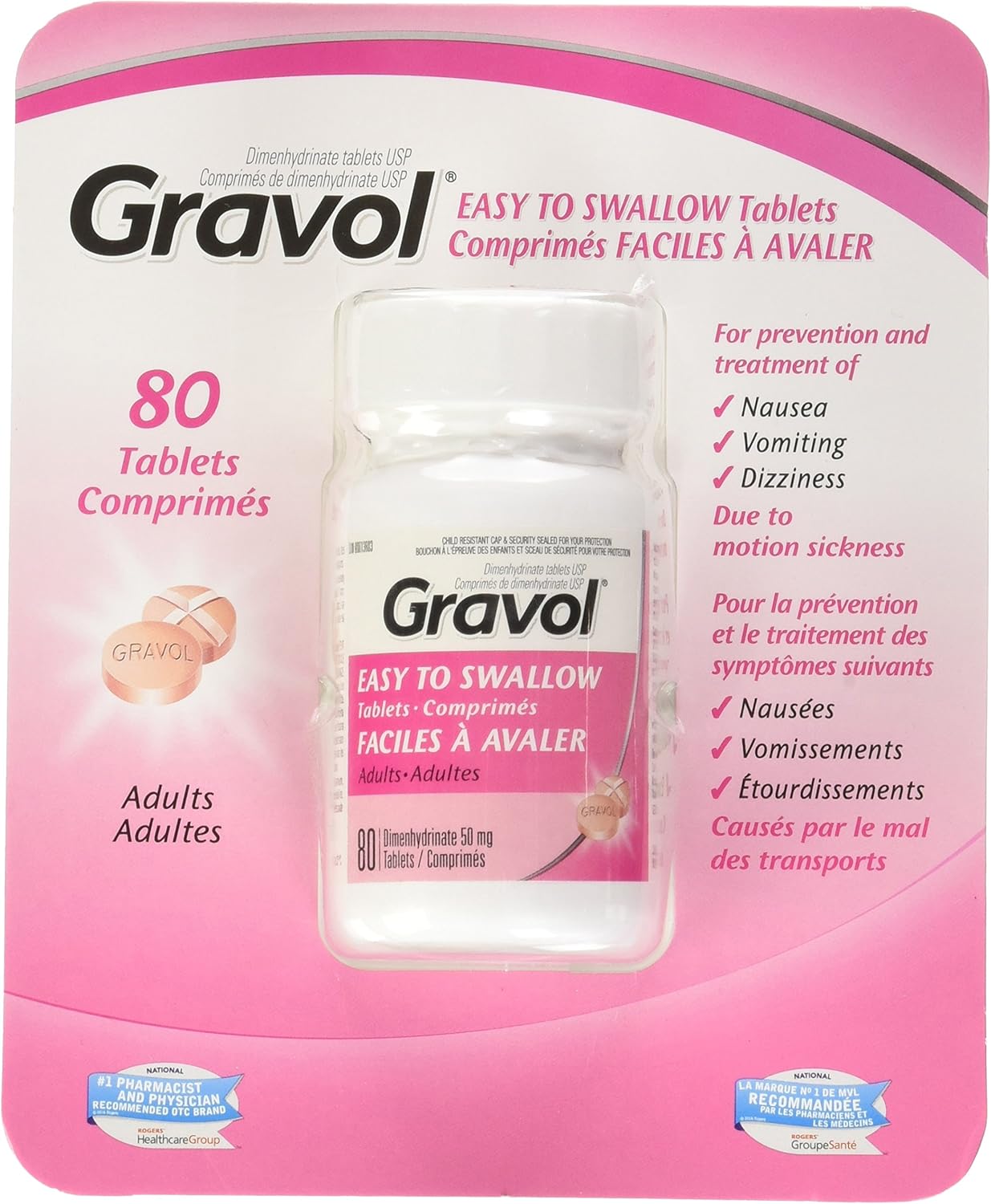 Gravol Easy To Swallow 80 Tablets Filmkote Antinauseant For