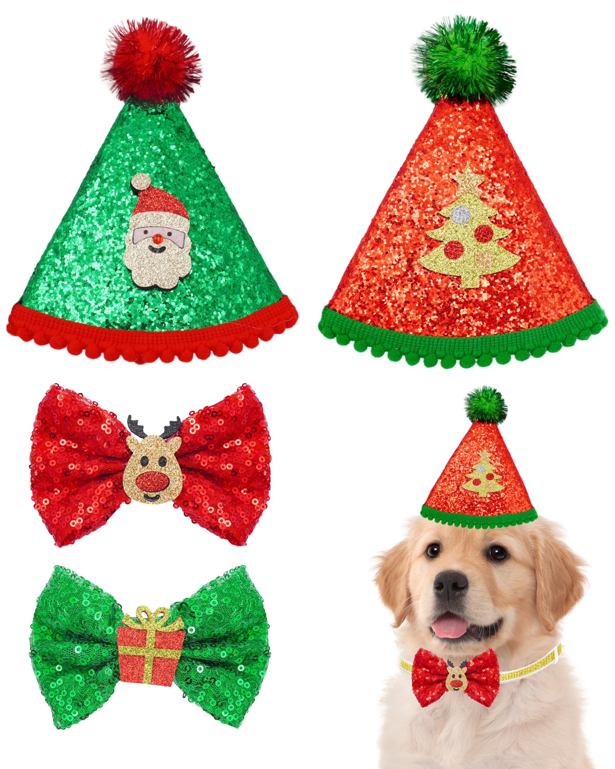 PET SHOW 4pcs Christmas Small Dogs Hats and Bowties Sets Red Green Holiday Cat Party Hat with Bow Ties Puppies Kittens Grooming Accessories Costumes (Christmas)