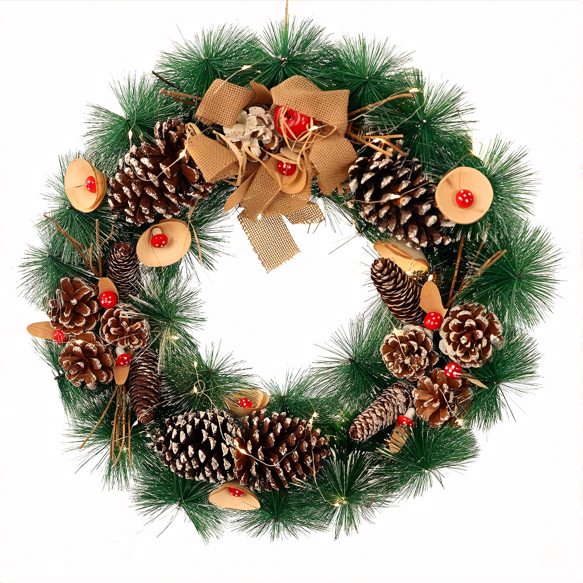 Photo 1 of 20 Inch Christmas Wreath - Christmas Front Door Wreath Ornament with LED Lights Pinecone Berries Artificial Pine Garland for Party Table Fireplaces Porch Walls New Years Home Decor