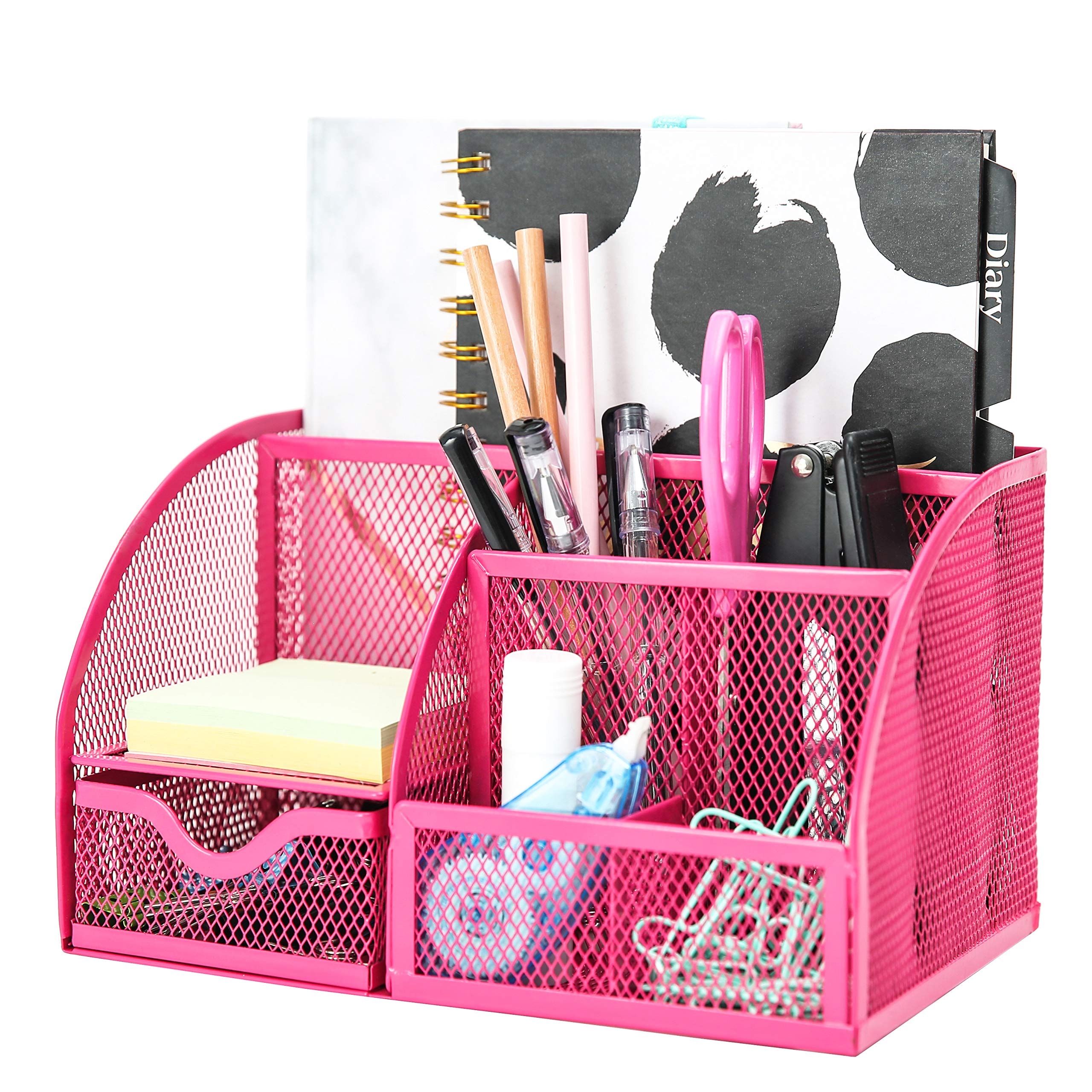 EXERZ Desk Organiser/Mesh Desk Tidy Caddy/Pencil Holder Multifunctional with 7 Compartments - Pink