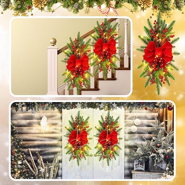 HIBOOM 3 PACK ARTIFICIAL CHRISTMAS TEARDROP SWAGS 24″ XMAS CORDLESS PRELIT STAIRWAY SWAG CHRISTMAS GARLAND STAIRS RAILS DECORATION WITH LED LIGHTS FOR INDOOR OUTDOOR(RED,CLASSIC STYLE)