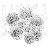 Silver Wonderland Birthday Party Hanging Decorations - Frozen 1st Birthday Baby Shower Wedding New Years Christmas Party Foil Swirls Tissue Paper Pom Poms Flowers Garlands Party Decorations, 20Ct
