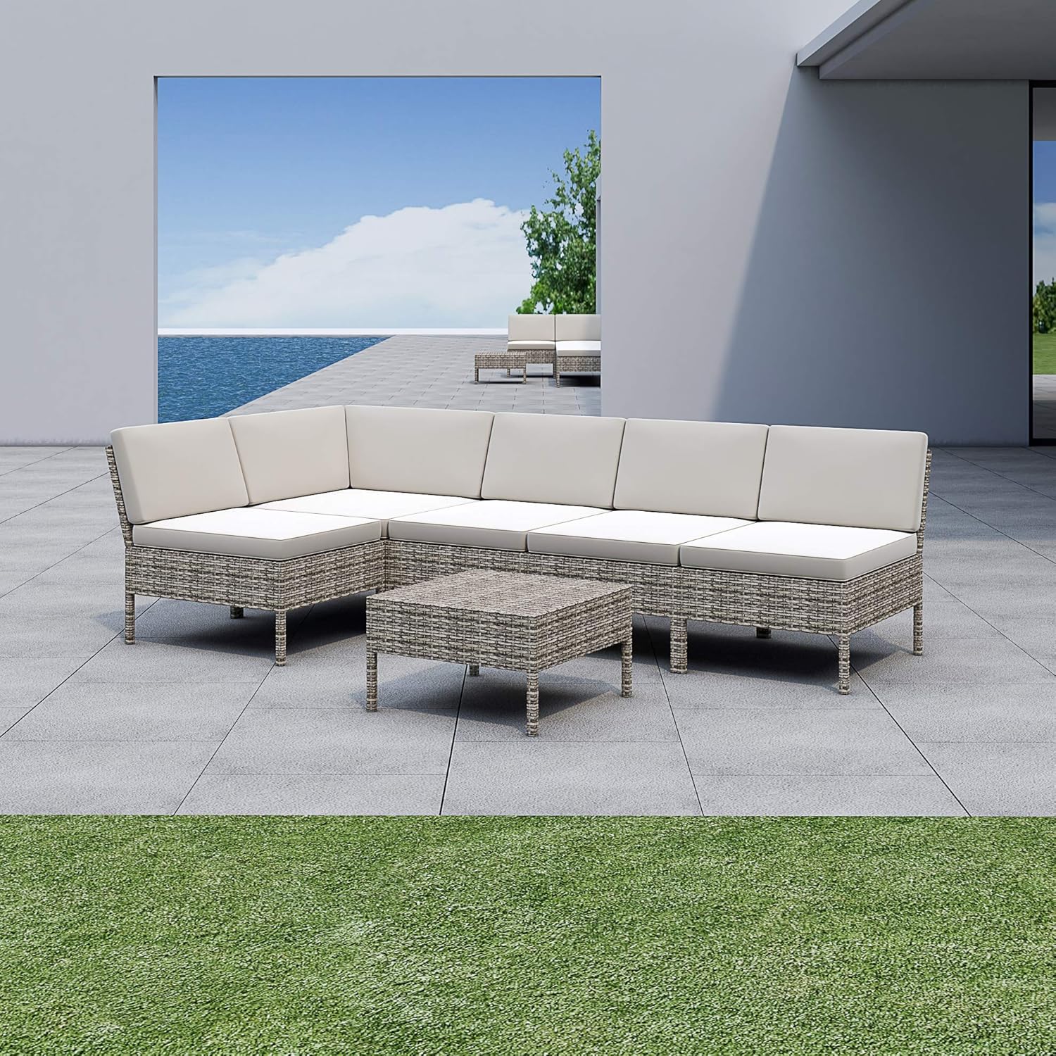 LOKATSE HOME 6 Pieces All-Weather Rattan Patio Sectional Sofa Set Wicker Outdoor Furniture with 3 Pillows Coffee Table, Beige : Garden & Outdoor