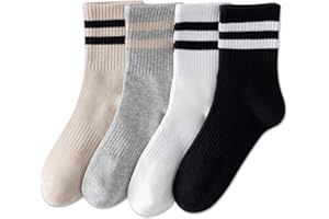 YUWELL Womens Striped Crew Socks, Cotton Cozy Casual Socks for Women 4 Pairs, Size 5-10