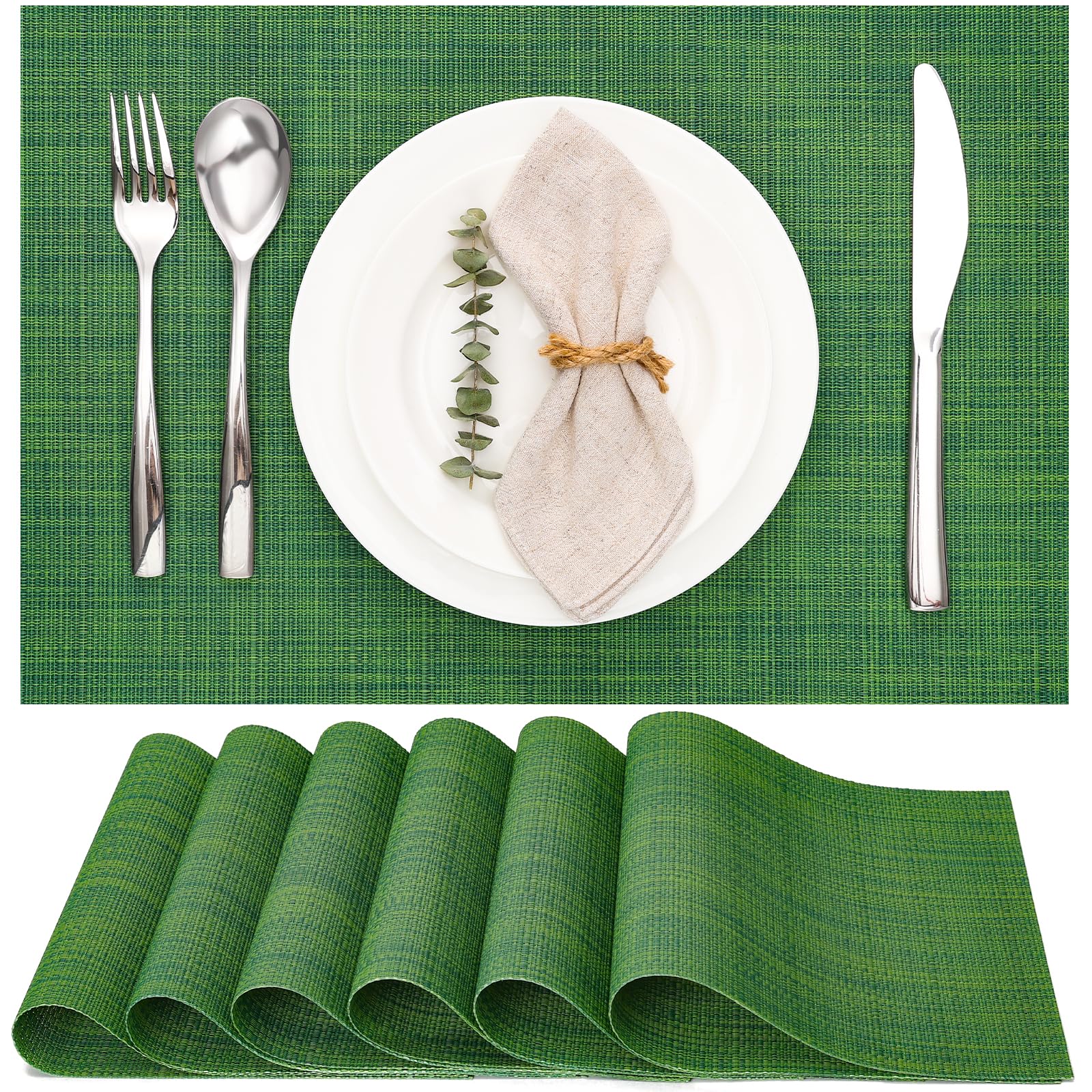 Myir JUN Table Mats Set of 6, Place Mats Table Placemats Washable Non-slip Heat Insulation Woven Vinyl for Kitchen Dinning Restaurant 17"X12" (Dark Green)