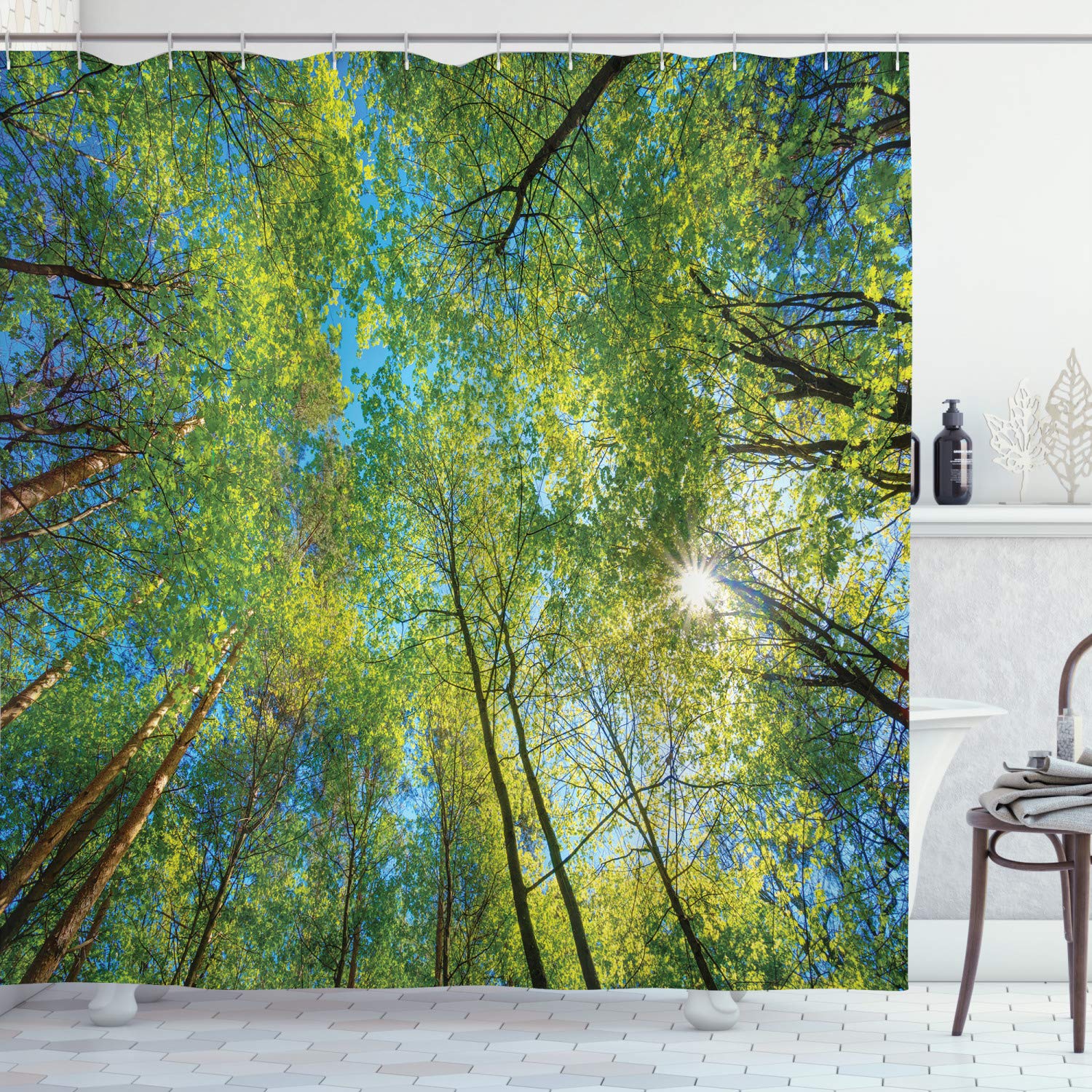 ABAKUHAUS Forest Shower Curtain, Evergreen Back Nature Area Mother Earth Lime Trunk Mangrove Flora Willow Photography, Cloth Fabric Bathroom Decor Set with Hooks, 86 Inches Extra Long, Green — image 1