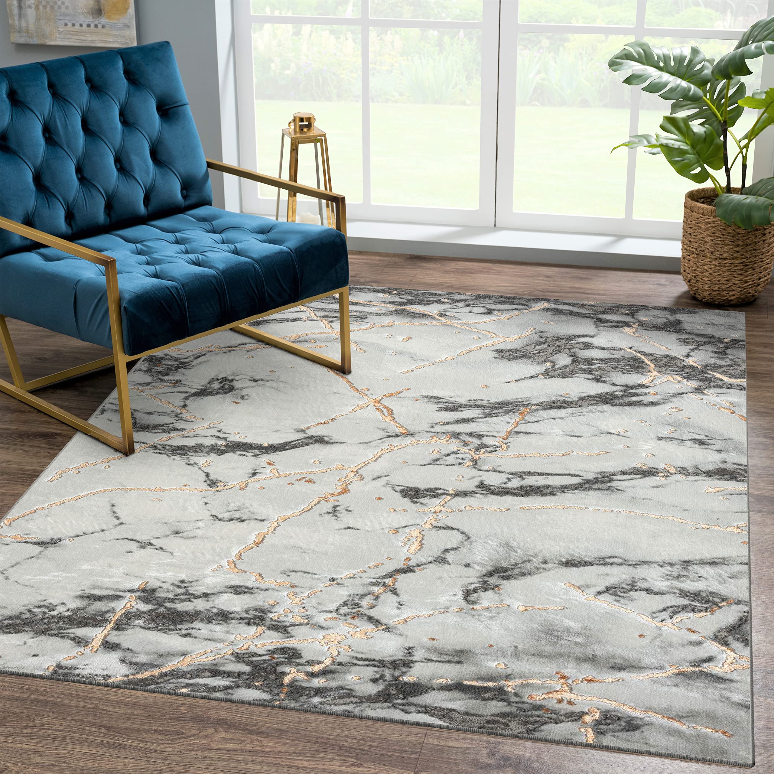 LUXE WEAVERS Ivory Gold 8x10 Marble Abstract Area Rug Image