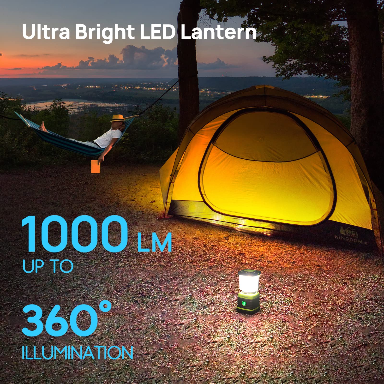 Consciot LED Battery Powered Camping Lantern, 1000LM, 4 Light Modes, IPX4 Waterproof Portable Tent Flashlight for Power Outages, Emergency, Hurricane, Hiking, Light Green, 2-Pack
