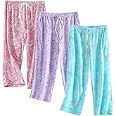 PNAEONG 3 Pack Women Pajama Pants Capri Length Drawstring Pj Bottoms Sleep Lounge Pants with Pockets S-3XL