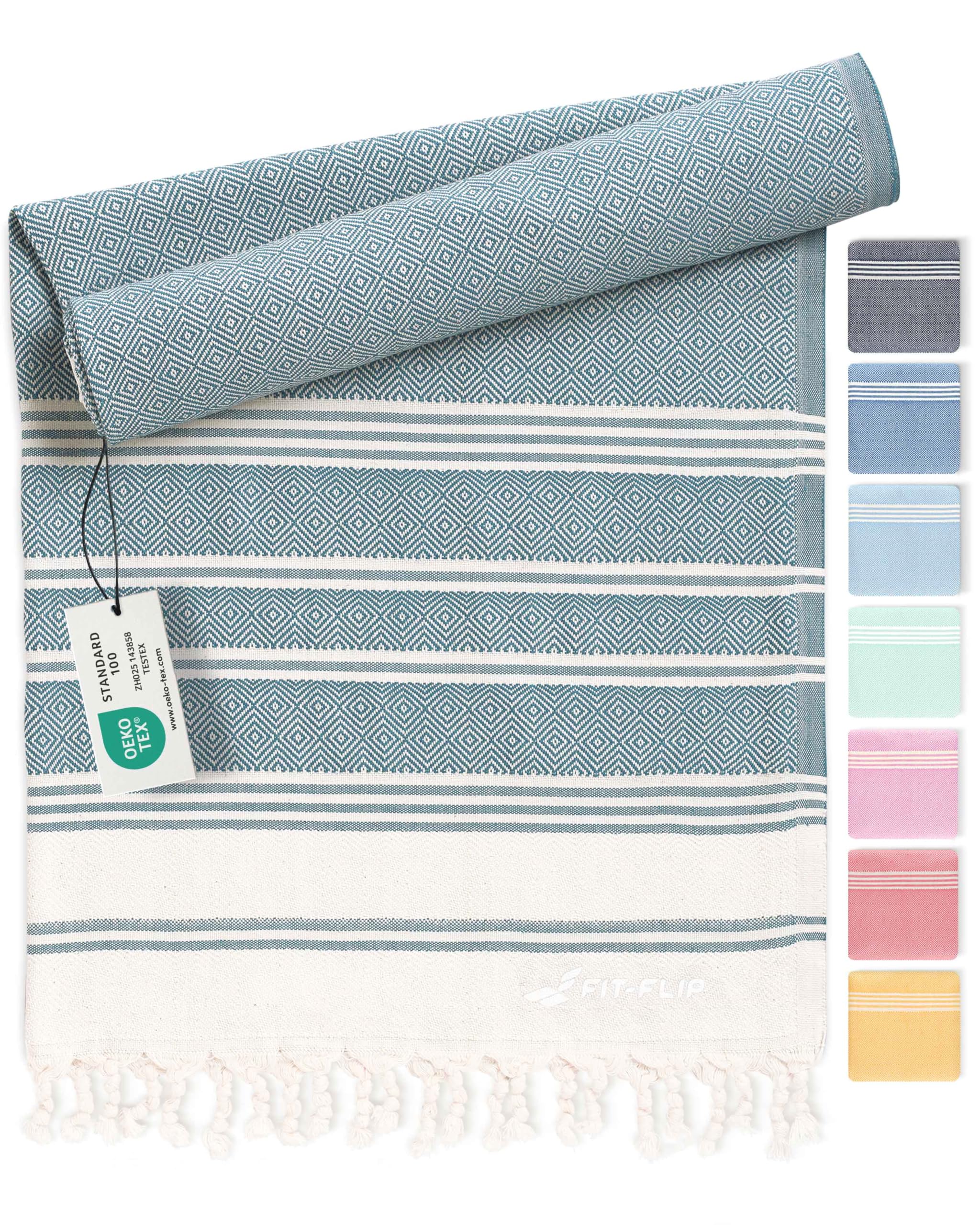 Fit-Flip Hammam Beach Towel XXL Made from 100% Cotton - Quick-Drying Turkish hamam Towels - Large fouta or pestemal Ideal as a Thin Sauna Blanket - Petrol – 100x200cm Diamond