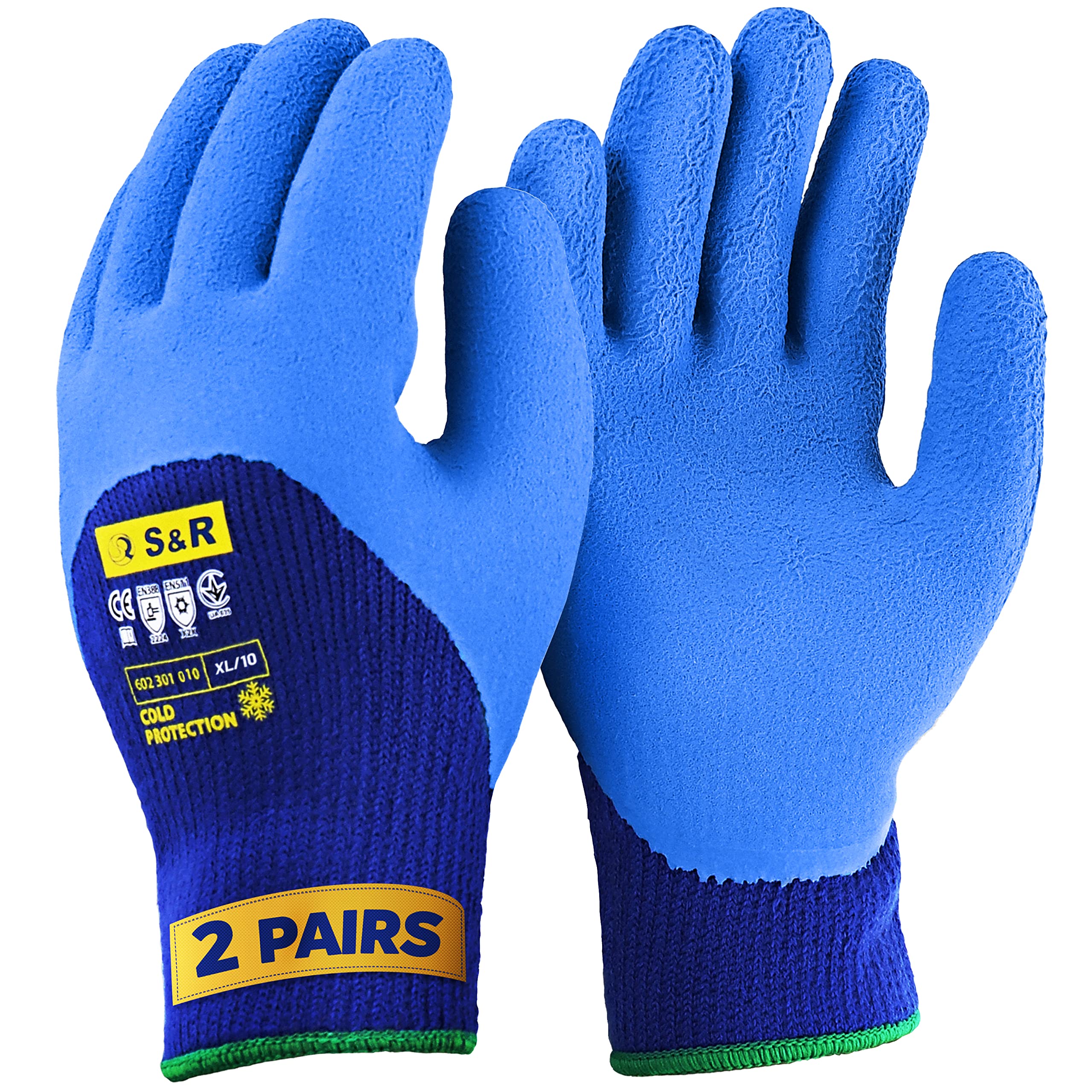 S&R 2 Pairs of Thermal Protective Work Gloves Size XL/10 – Certified Winter Work Gloves with Latex Coating – EN388 & EN511 Cold Protection for Outdoor Use