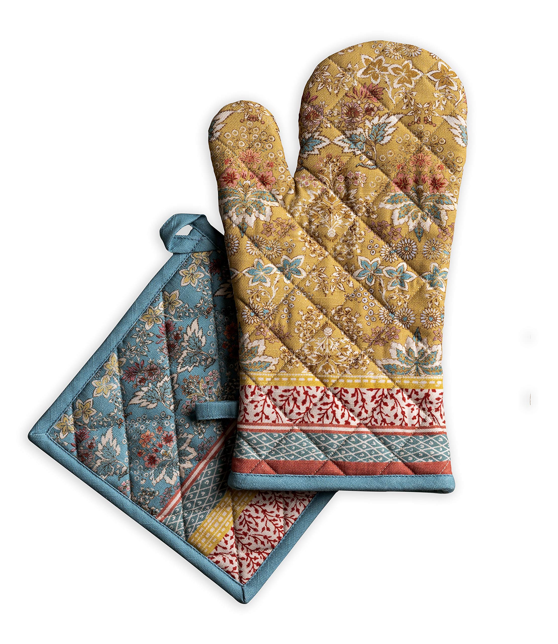 Maison d' Hermine 100% Cotton Oven Mitt & Pot Holder Set (19 x 33 cm & 20 x 20 cm) Heat Resistant BBQ Cooking Gloves with Loop for Baking Handling Hot Pans Gifts for Mothers Day (Marquise)