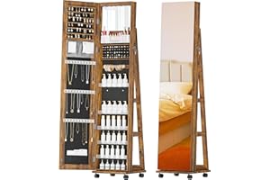 TJYGO Mirror Jewelry Cabinet Standing, Full Length Mirror Jewelry Armoire with Wheels, 360° Rotating Jewelry Storage with LED Lights, Lockable Jewelry Organizer for Girls