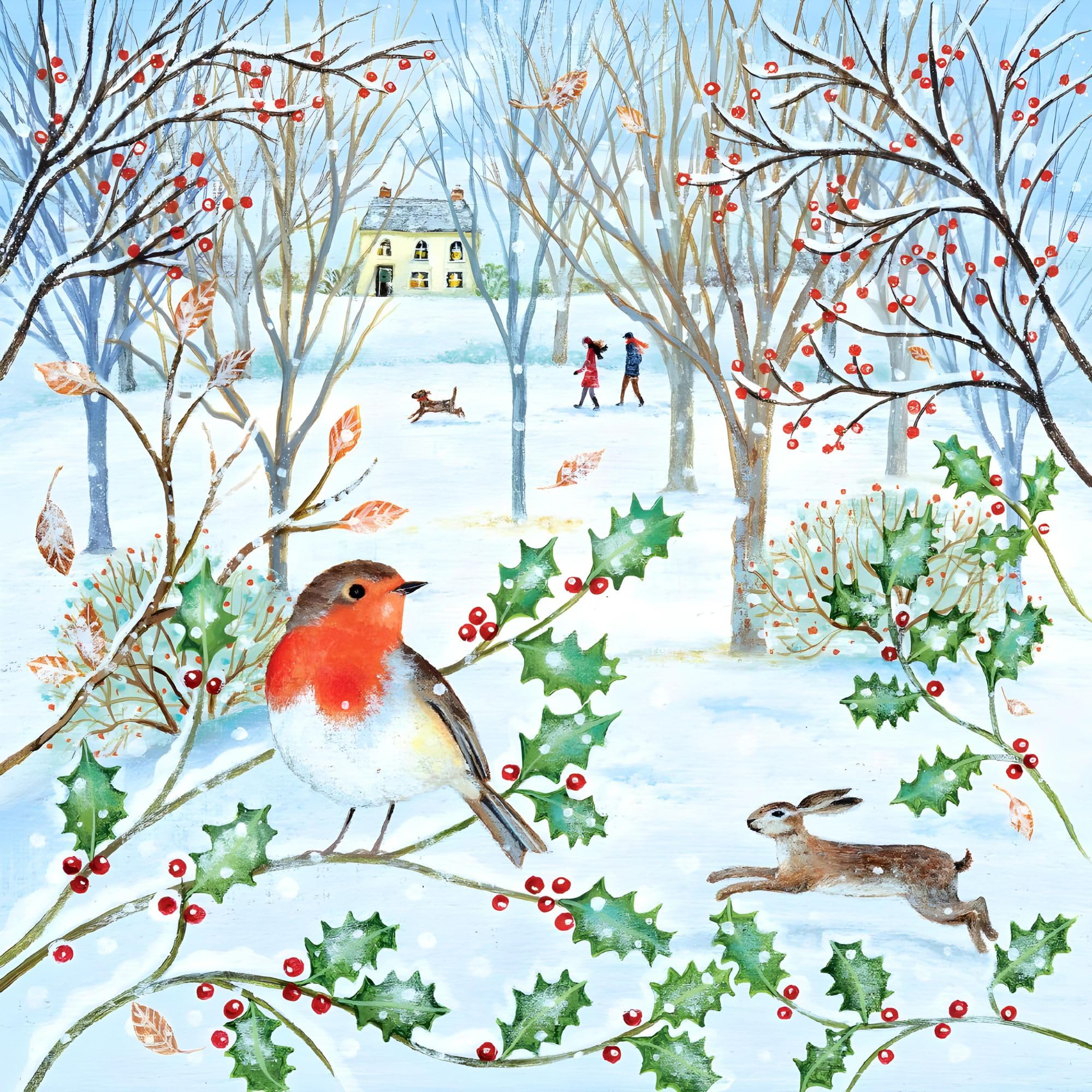 Macmillan Charity Christmas Cards Pack of 5 - Robin, Hare and Woodland - Artistic Festive Forest Scene by Lucy Grossmith - Made in the UK - Eco-Friendly