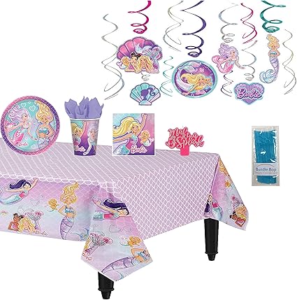 Amazon.com: Paquete de suministros de fiesta de Bop Barbie con sirena, incluye platos Barbie, vasos, servilletas, mantel, pajitas, vela de cumpleaños Barbie y decoraciones de remolino para colgar, 16 unidades: Toys \u0026