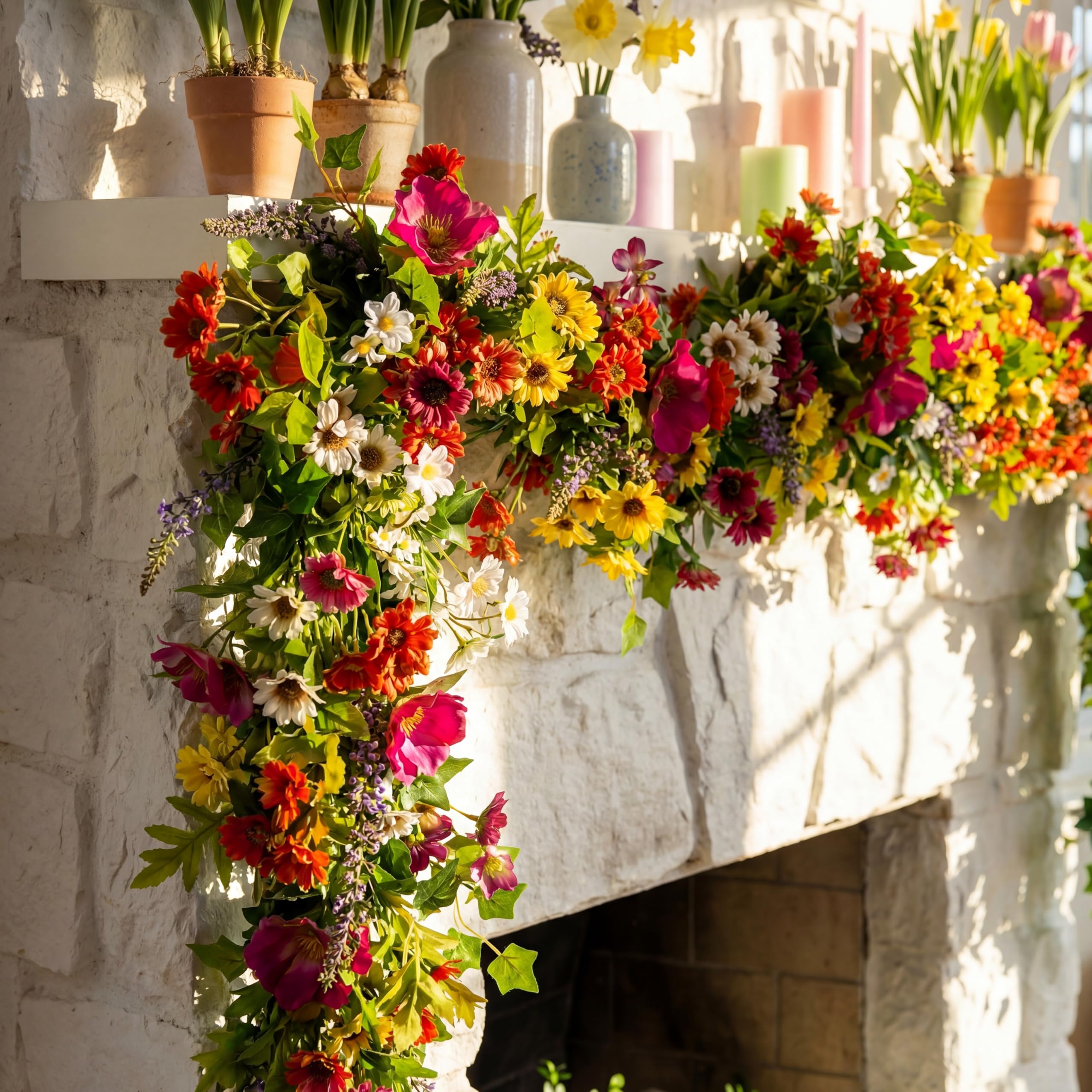 Photo 1 of FineCheer 6 ft Spring Artificial Wildflower Garland Colorful Daisy and Lavender Leaves Faux Floral Vine Silk Hanging Flower Fake Summer Garland for Home Mantle Garden Wedding Arch Table Centerpiece