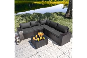 RTDTD Outdoor Patio Furniture Set, 6 Pieces Outdoor Furniture All Weather Patio Sectional Sofa PE Wicker Modular Conversation Sets with Coffee Table,5 Chairs & Seat Clips (Grey)