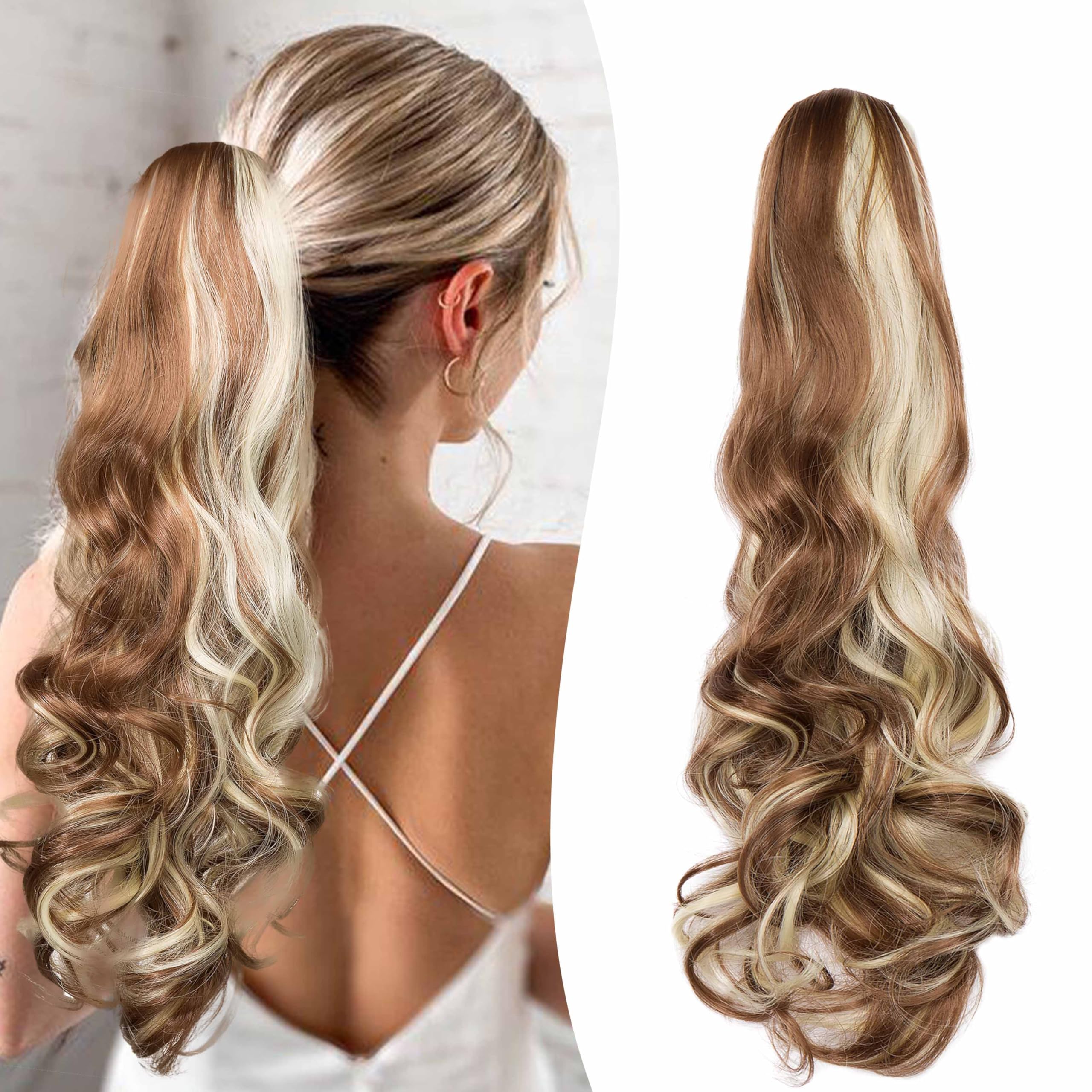 Gairyan 20inch Ponytail Extension Clip in Ponytail Hair Extensions Curly Wavy Pony Tails Claw on Ponytail Long Wave Synthetic Hairpieces for Women Soft Real Look (Golden Brown & Bleach Blonde)
