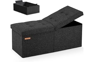 HAUSFRAU 31.5 Inches Ottoman with Storage, Folding Ottoman Bench Small Foot Rest Stool, Bedroom Bench with Flipping Lid, Linen Black