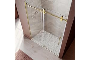 UNIKOO 61-65 Inch x 76 Inch Sliding Frameless Shower Door, 3/8" Tempered Glass with Easy-Cleaning Coating, Stainless Steel Rollers & SGCC-Certified Stability, Satin Brass