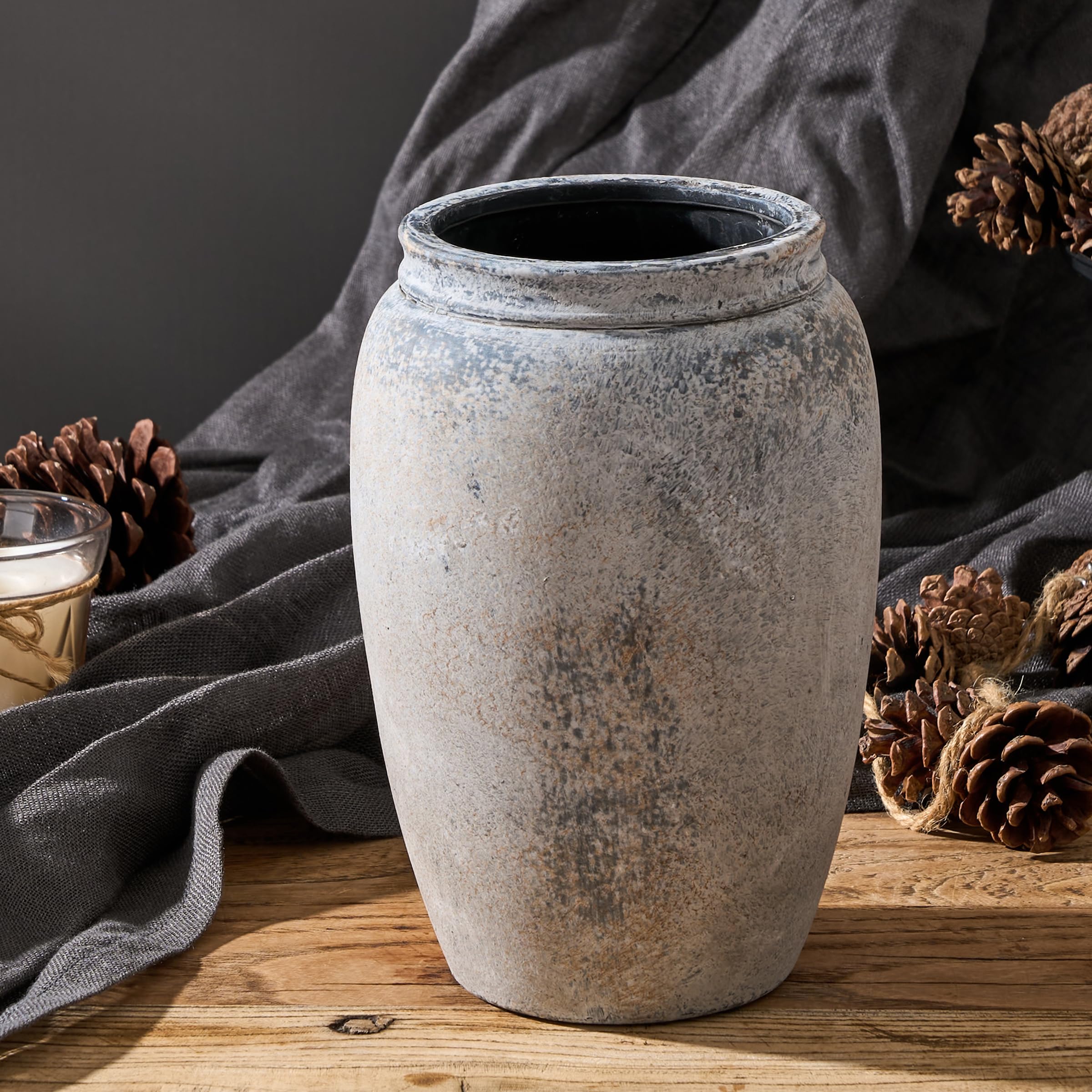 PORCER 8.2 Inch Ceramic Vase, Terracotta Rustic Vase Farmhouse Decorative Vase Boho Decor, Ceramic Vases for Home Decor, Living Room, Entryway, Floor, Holiday Wedding Christmas New Year Gifts - Gray - Image 3