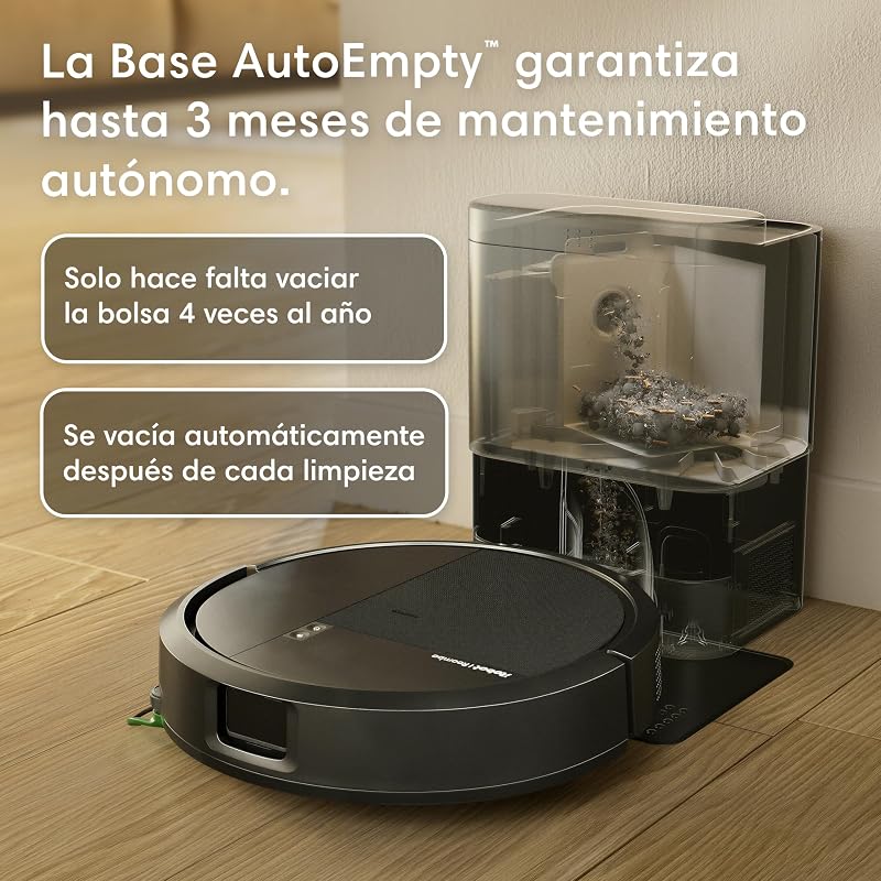 Roomba 115 Combo con Base AutoEmpty, Robot 2en1, Potencia de succión 15000 Pascales, Cepillo Lateral Flexible, Mopa de fregado extendida, 90 días autonomía, Navegación Clearview LiDAR, Negro