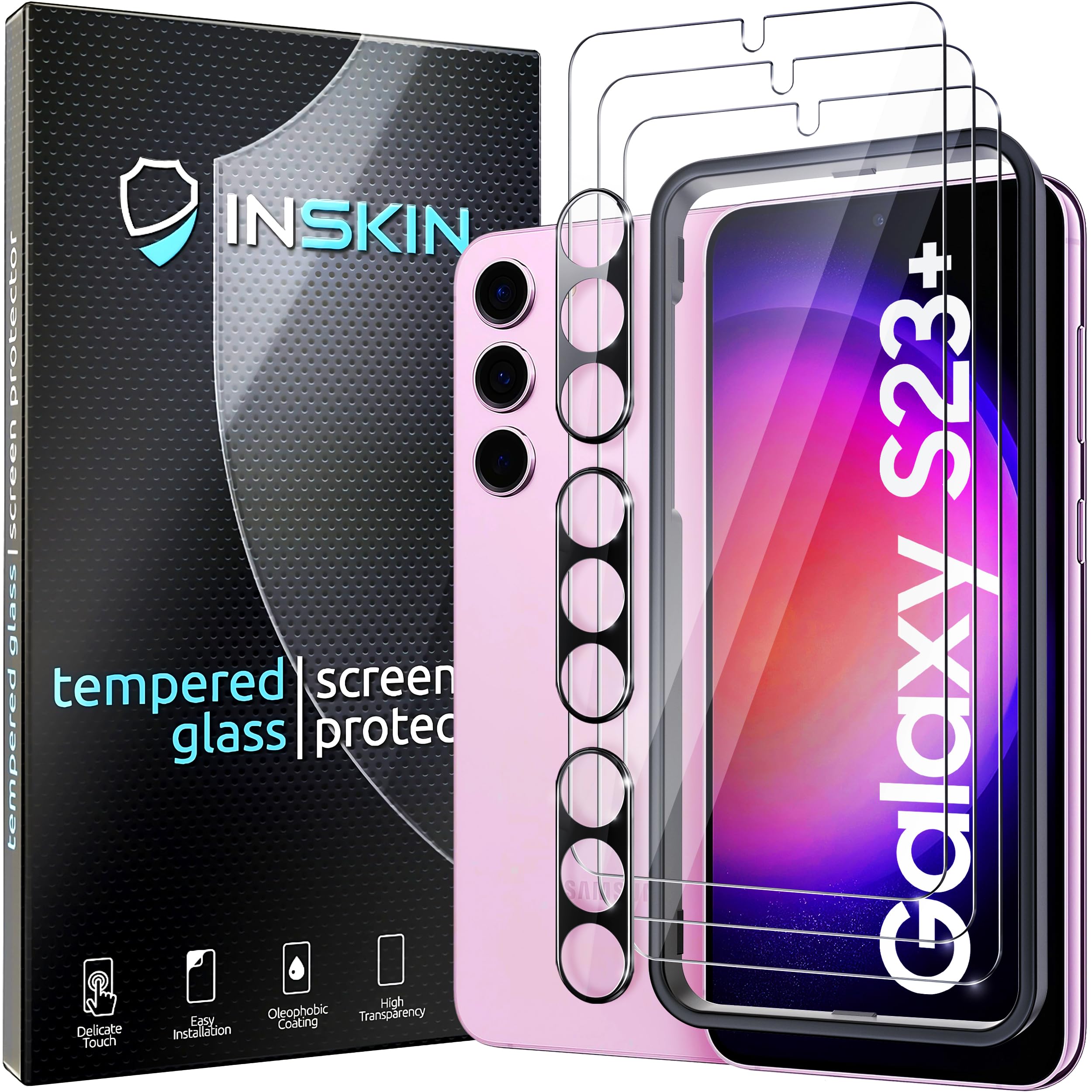 Inskin Tempered Glass for Samsung Galaxy S23+/S23 Plus Screen Protector (6.6 inch, 2023) - 3+3 Pack with Camera Lens Guard & Auto Alignment Frame – Ultra HD, Case Friendly