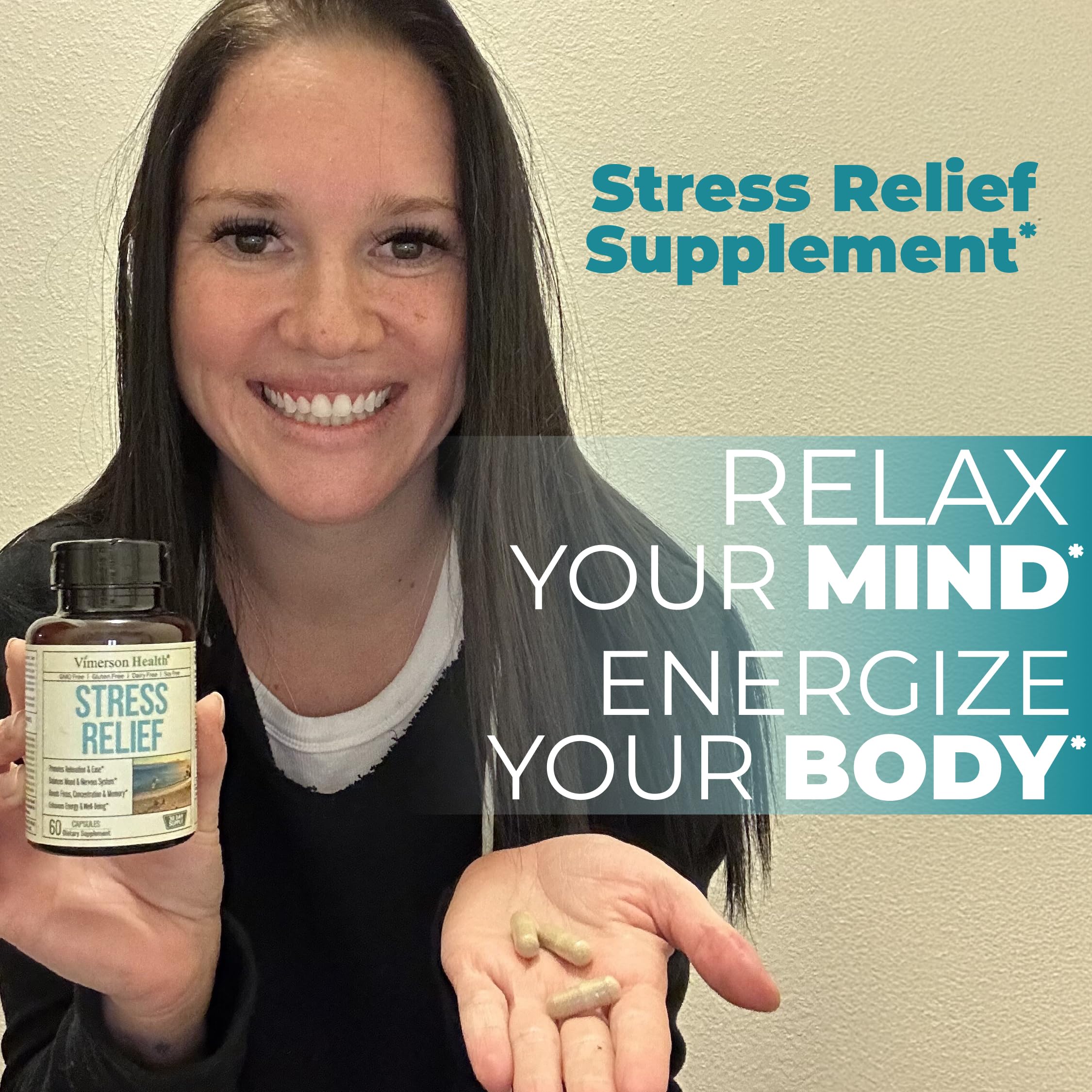 Stress Relief Supplement with 5HTP, Ashwagandha, Valerian, St John’s Wort, GABA, Chamomile & B-Vitamins - Promotes Relaxation, Sleep, Calm & Balanced Mood, Energy & Focus. Vegan, Non-GMO, 60 Capsules