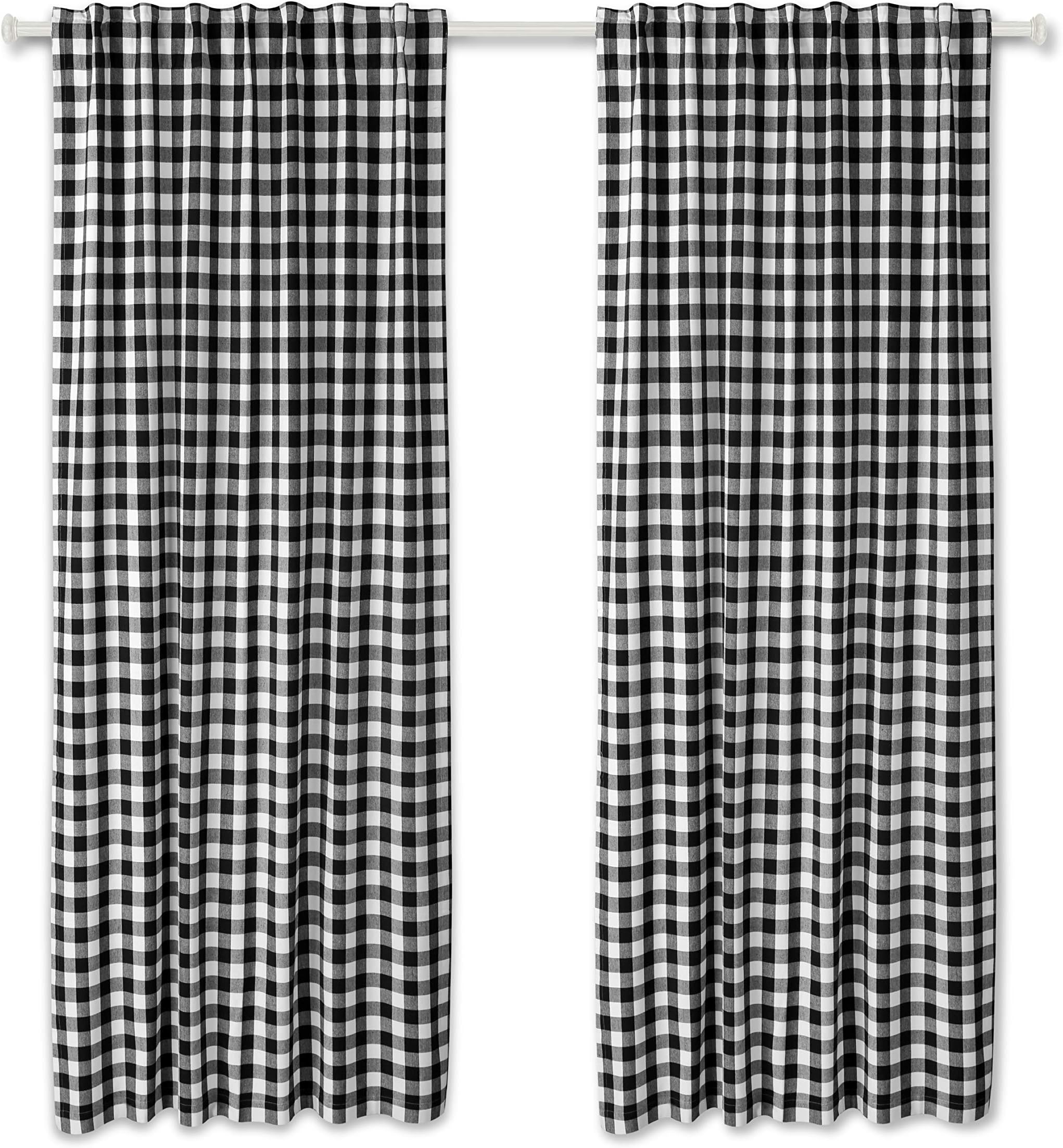 GFI LINEN CLUBSLinen Clubs GFI Gingham Check Cotton Fabric Farmhouse Curtains - 50X108 Inch - Black/White, Tab Top Room Darkening Drapes for Living Room, Bedroom, Window Panels, Set of 2, Luxury Room Decor