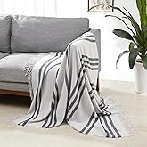 Amazon Basics Room Décor Throw Blanket, Lightweight and Cozy in Recycled Polyester, Light Grey With Blue Stripes, 50"x 60"