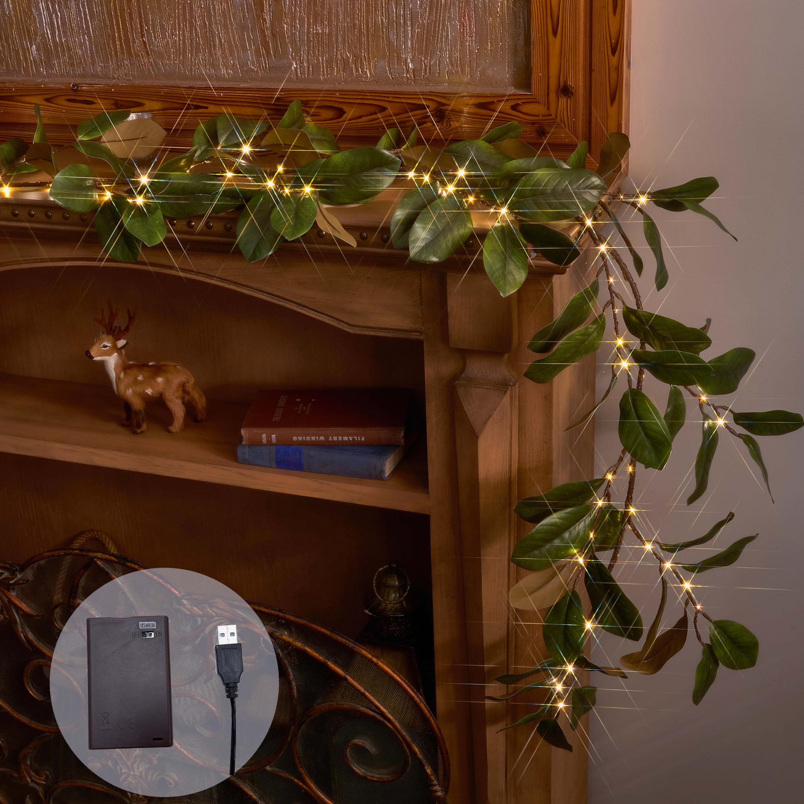 Photo 1 of *USED*
BAOLITVINE Lighted Magnolia Garland with Timer 6FT 80 LED Fairy Lights, Artificial Plant Vine Garland with Lights Battery Operated or USB Plug in for Fireplace Mantle Christmas Spring Decoration