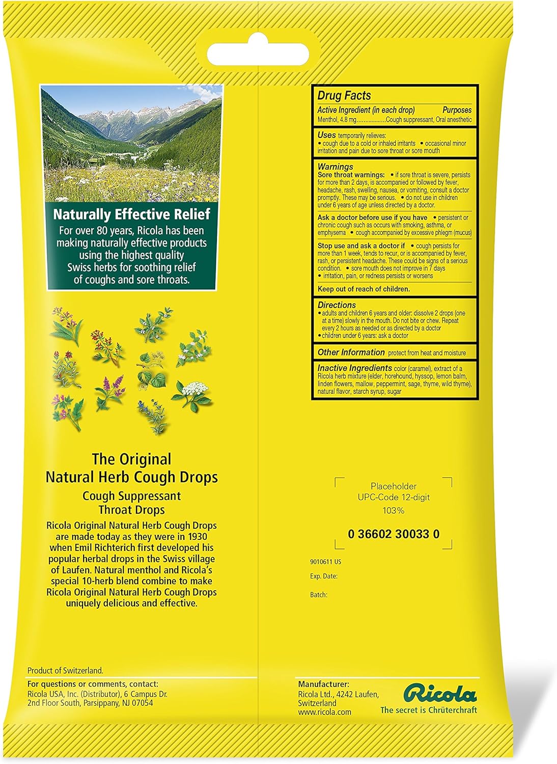 Ricola Original Herbal Cough Suppressant Throat Drops, 50ct Bag: Health & Personal Care