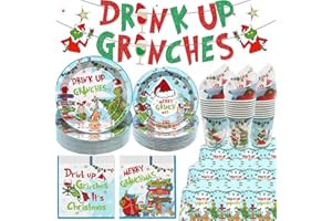 HIGZYOVN 114Pcs Drink Up Christmas Decorations Friendsmas Christmas Party Decorations Green Monster Tableware Set with Banner Plates Napkins Cups Tablecloth for Happy Holidays Supplies