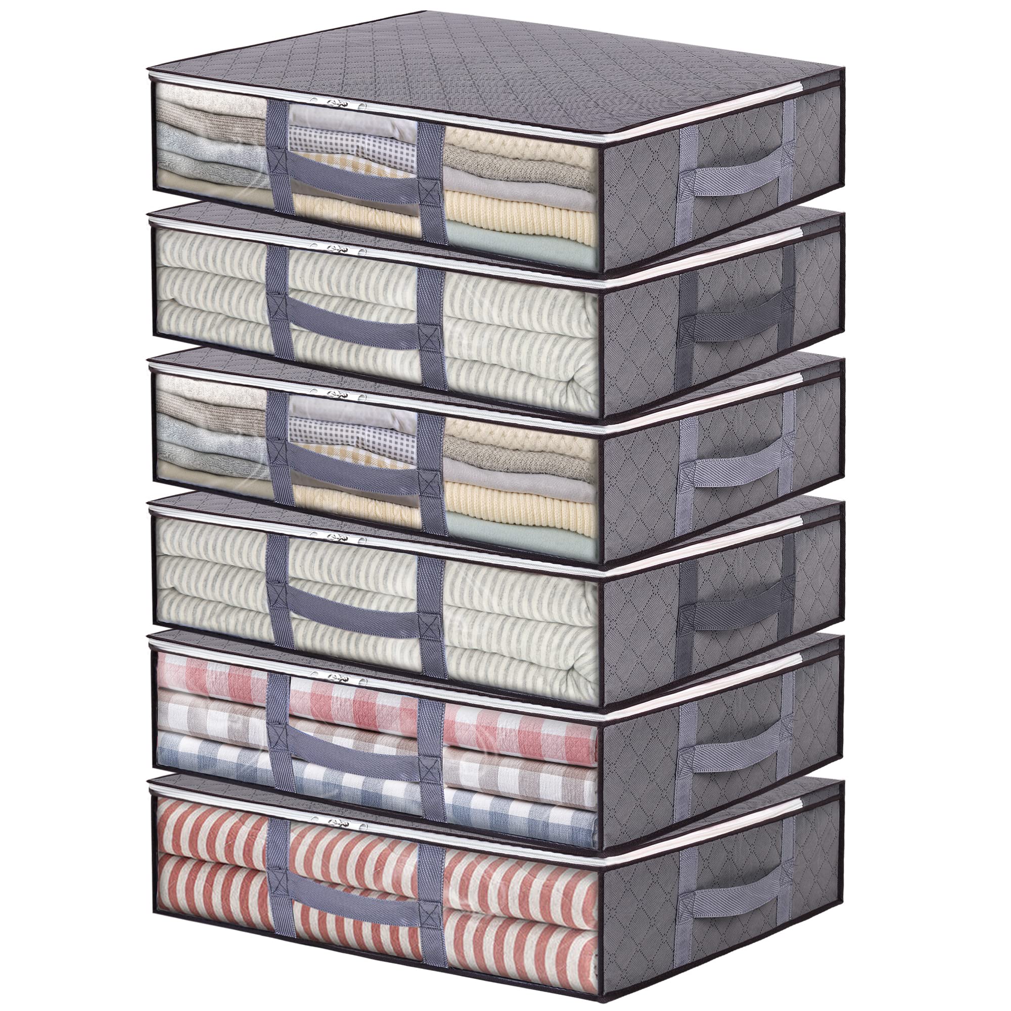 Vieshful 6 Pack Underbed Storage Bags 40L Foldable Clothes Bag Large Capacity Storage Containers with Clear Window Reinforced Handles Zippered Organizer for Comforters Blankets Bedding, Grey