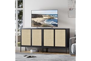 Brafab Set of 2 Rattan Cabinet Buffet Cabinet, Sideboard Cabinet with Natural Rattan Decorated Doors, Accent Cabinet, for Living Room, Entryway, Bedroom, Dining Room/Square Doors, Black