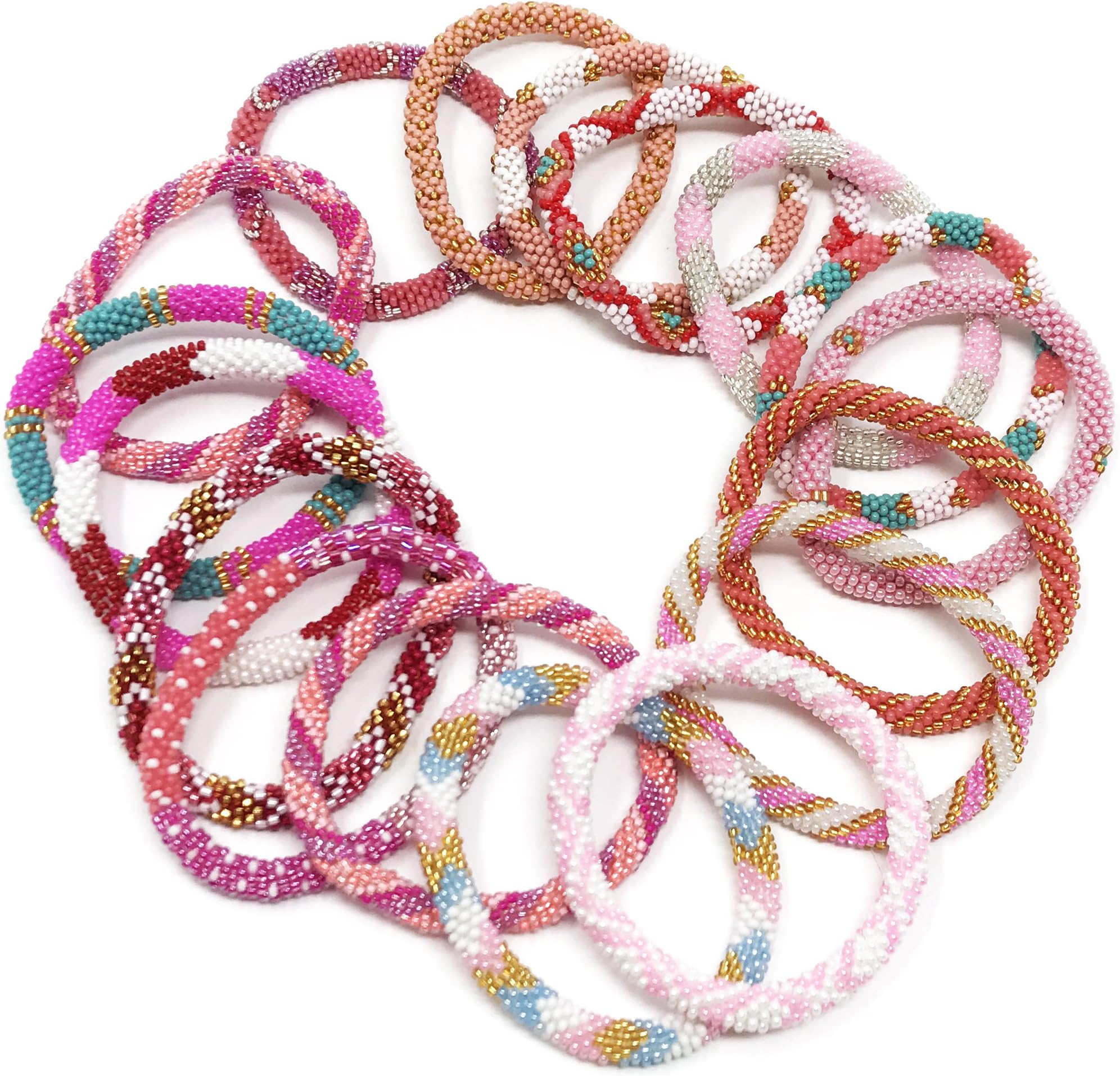 WigspediaHandmade Crochet Glass Seed Bead Nepal Boho Bracelet - Wholesale Pink Scheme