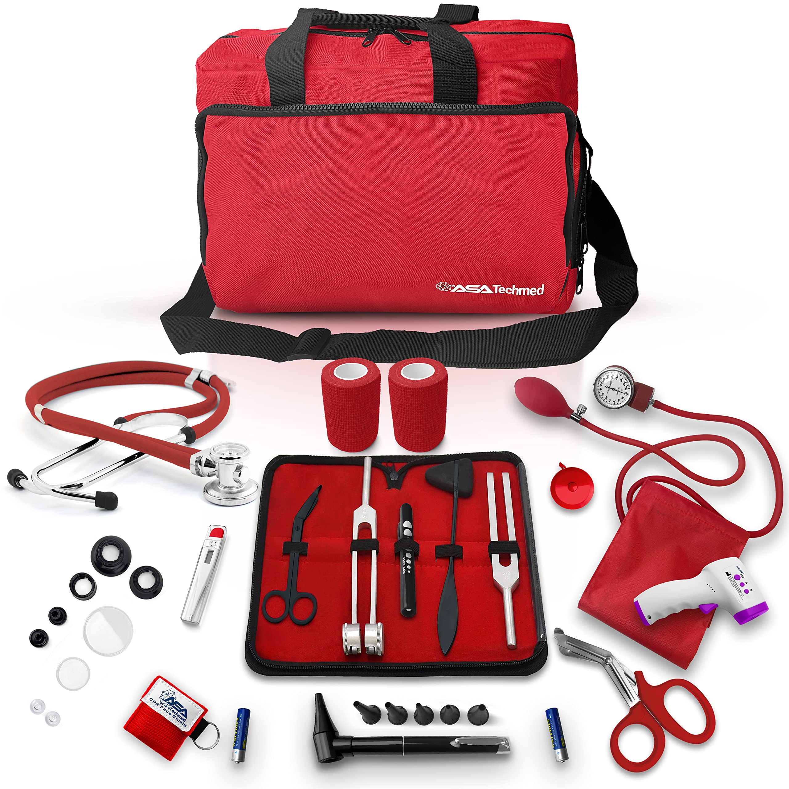Photo 1 of ASA Techmed Nurse Starter Kit - Stethoscope, Blood Pressure Monitor, Tuning Forks, and More - 18 Pieces Total (Red)
