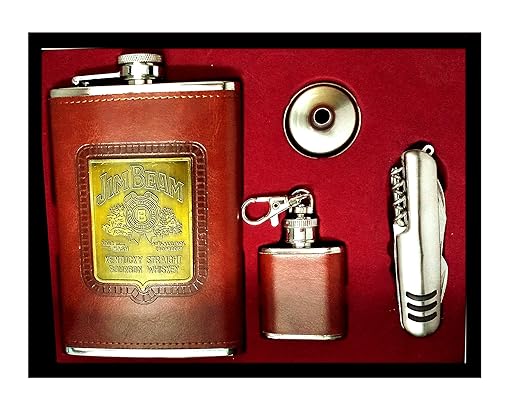 THW Jim Design Stainless Steel Leather Covered Hip Flask 9 oz + 1Oz Flagon Key Chain+ 1 Funnel + 1 Corkscrew Opener Set Box