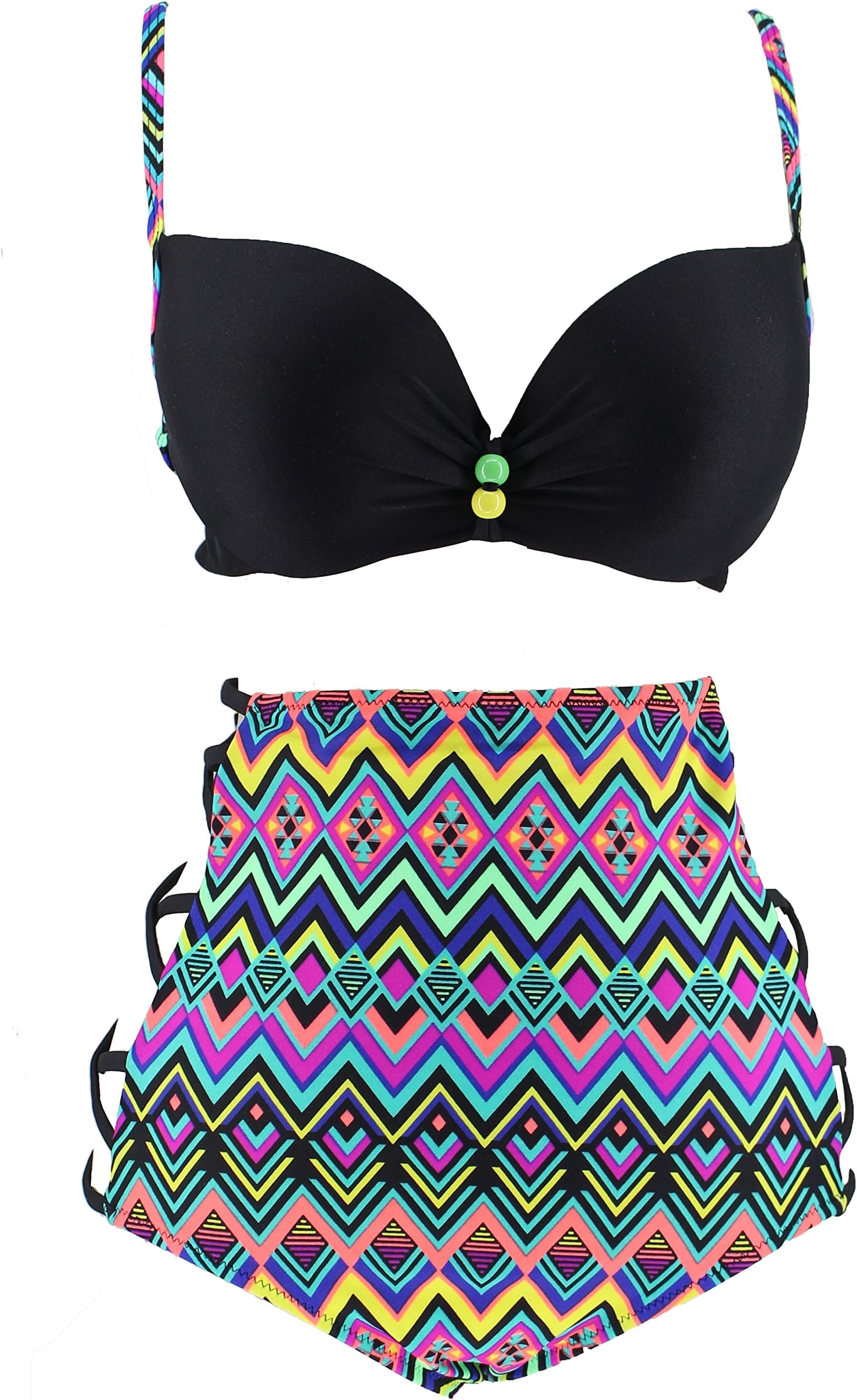 Fanssie Elegant Retro Vintage High Waist Geometric Bikini Swimsuit (L,Black)